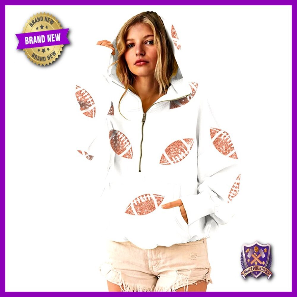 Sequin Football Hoodie Sweatshirt with Pocket Long Sleeve Oversize Fit
